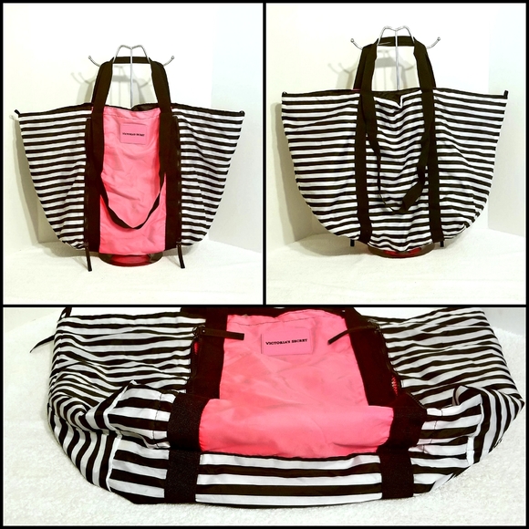 Victoria's Secret Black, White & Pink Striped Tote - Picture 3 of 4